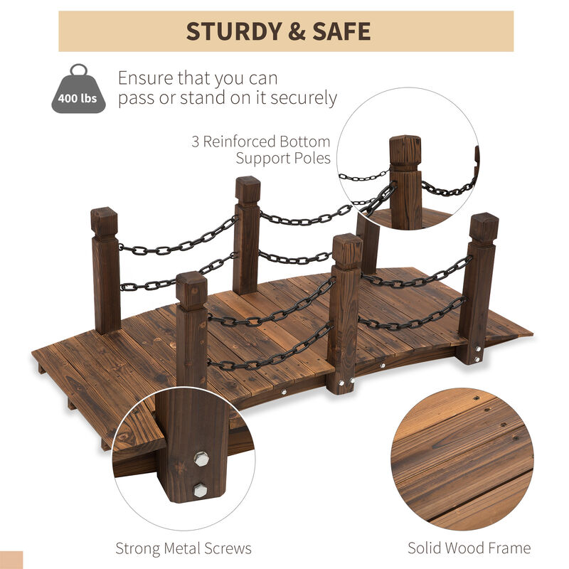 Outsunny 5 ft Wooden Garden Bridge Arc Footbridge with Metal Chain Railings & Solid Fir Construction, Stained Wood