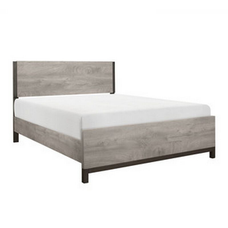 Deena Queen Bed, Painted Metal Finished Accents, Light Gray Wood Frame - Benzara