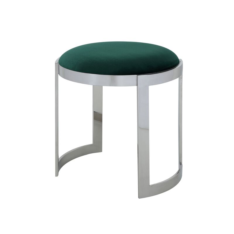 Niyo 19 Inch Accent Stool Ottoman, Round Seat, Soft Green Velvet, Silver - Benzara