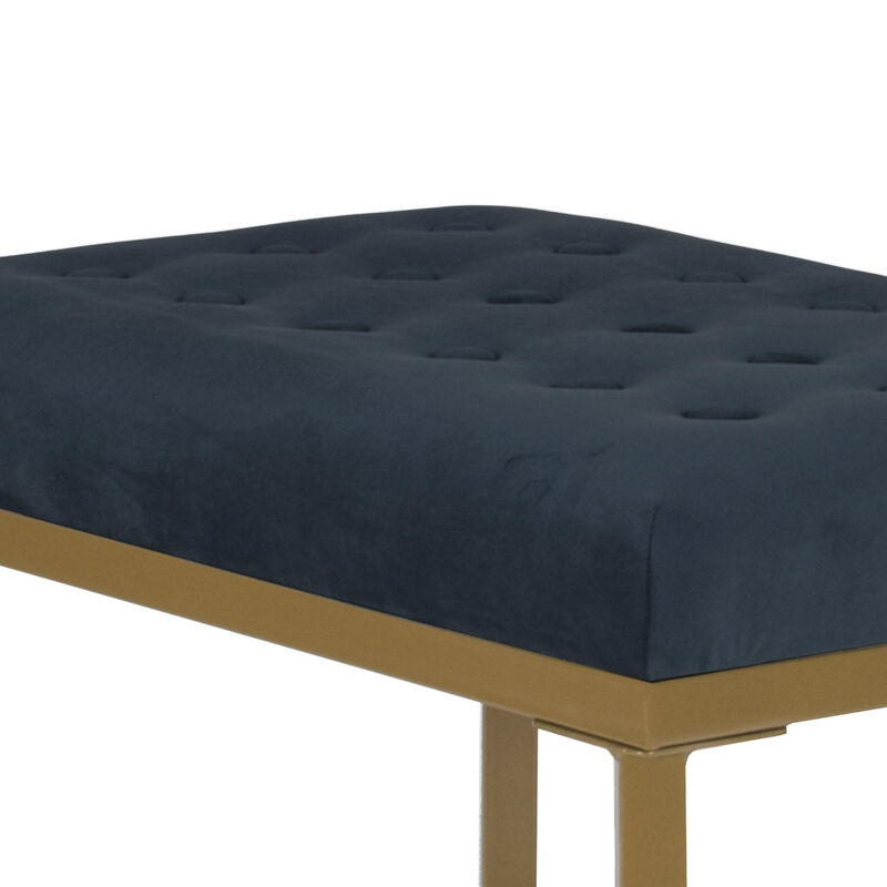 Metal Framed Bench with Button Tufted Velvet Upholstered Seat, Dark Blue and Gold - Benzara