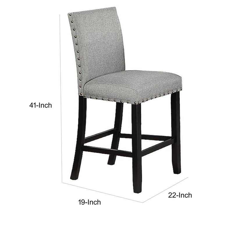 Sie 24 Inch Counter Height Chair, Nailhead Trim, Gray Fabric, Black Wood - Benzara