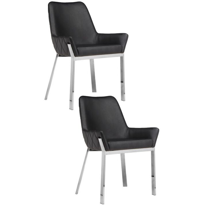 Fuma 23 Inch Set of 2 Dining Chairs, Foam Fill, Black Faux Leather, Silver - Benzara
