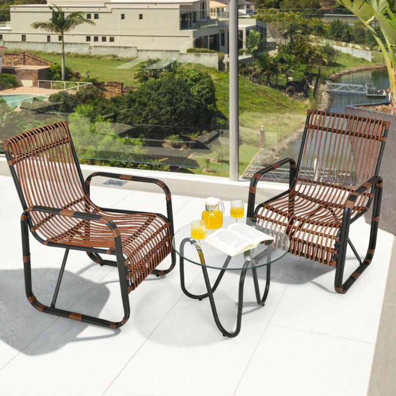 Hivvago 3 Pieces Patio Rattan Furniture Set with 2 Single Wicker Chairs and Glass Side Table