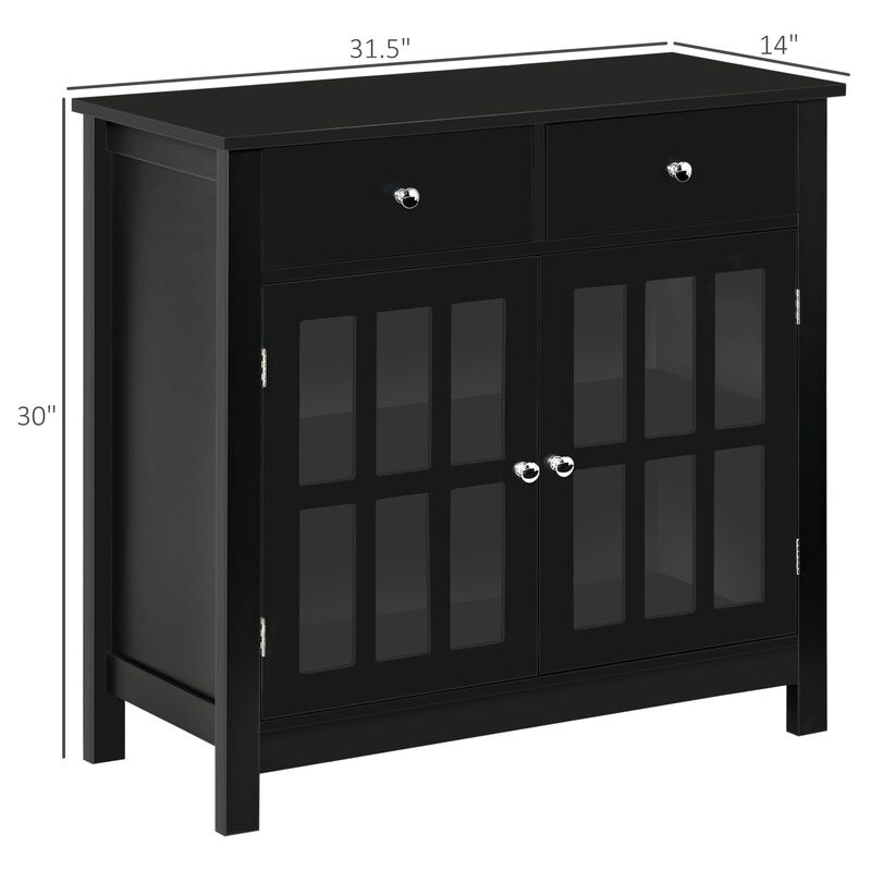Sideboard Buffet Cabinet, Storage Cupboard with Glass Doors, Adjustable Shelf and 2 Drawers for Kitchen, Black