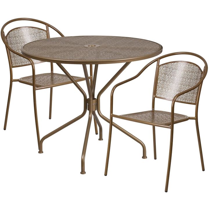 Flash Furniture Commercial Grade 35.25" Round Black Indoor-Outdoor Steel Patio Table Set with 2 Round Back Chairs