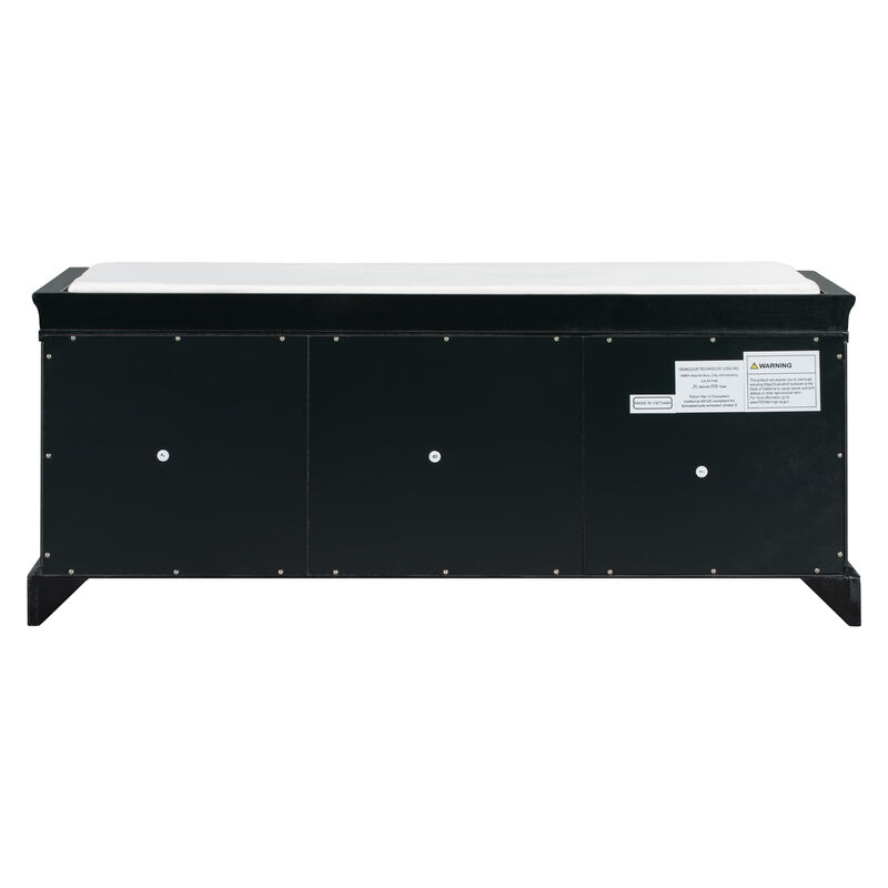 Storage Bench with 2 Drawers and 2 Cabinets, Shoe Bench with Removable Cushion for Living Room, Entryway (Black)