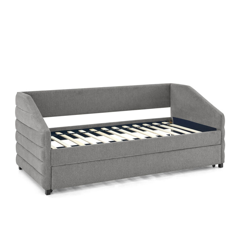 Twin Size Daybed with Trundle Upholstered Tufted Sofa Bed, Linen Fabric, Grey (82.5" x42.5" x34")