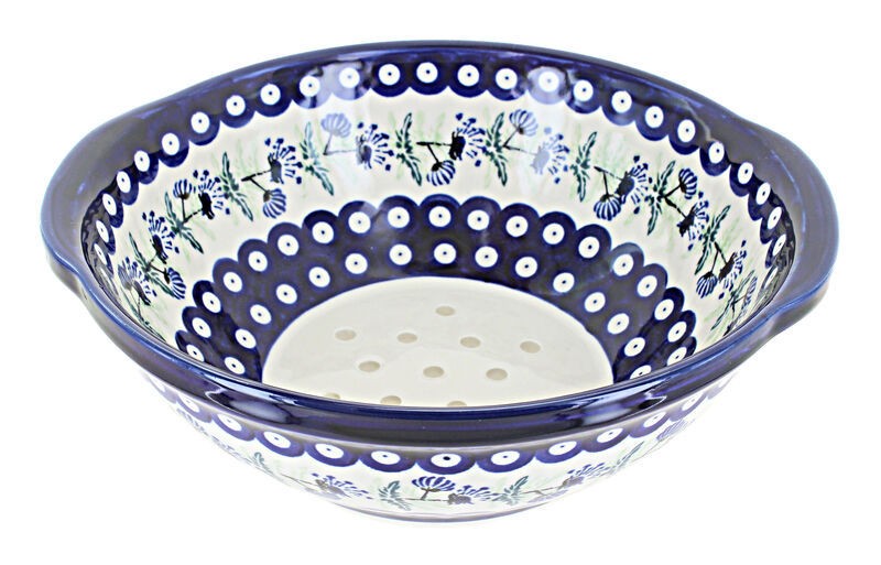 Blue Rose Polish Pottery Flowering Peacock Colander