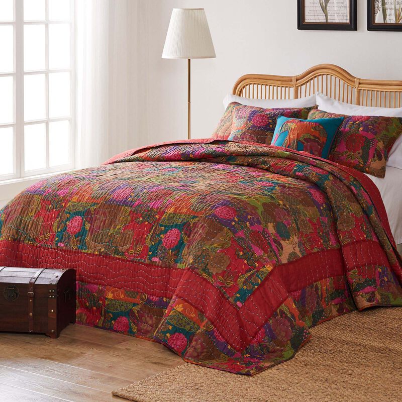 Greenland Home Fashions Jewel Cotton Kantha Quilted Bedspread Set - Jumbo Sized Reversible Quilt Set