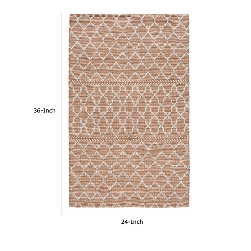 Solk 2 x 3 Small Area Rug, Woven Polyester, Moroccan Lattice, Ivory, Brown - Benzara