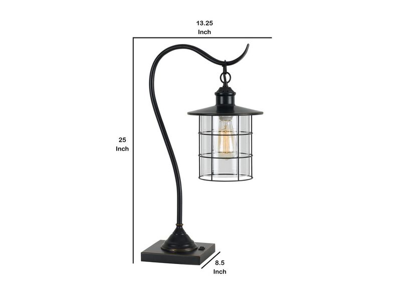 25 Inch Metal Downbridge Design Desk Lamp with Caged Shade, Dark Bronze - Benzara