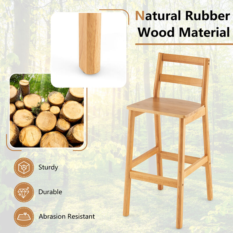 Set of 2 28" Rubber Wood Armless Bar Stools with Backrest and Footrest-Natural