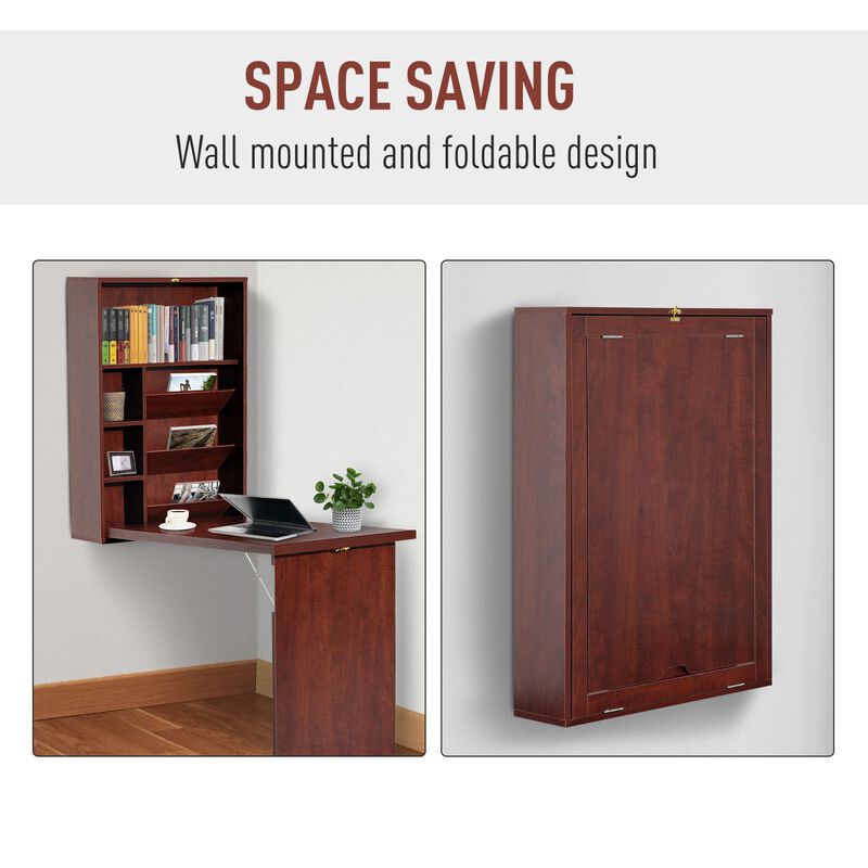 Space-Saving Workstation: Mahogany Wall-Mounted Convertible Desk