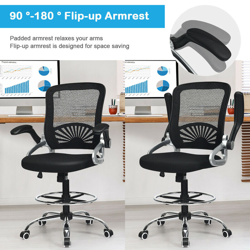 Costway Mesh Drafting Chair Mid Back Office Chair Adjustable Height Flip-Up Arm Black