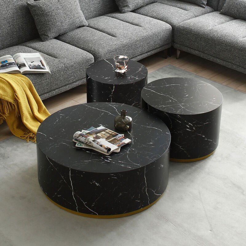 Black Marble Pattern Round Coffee Table Set