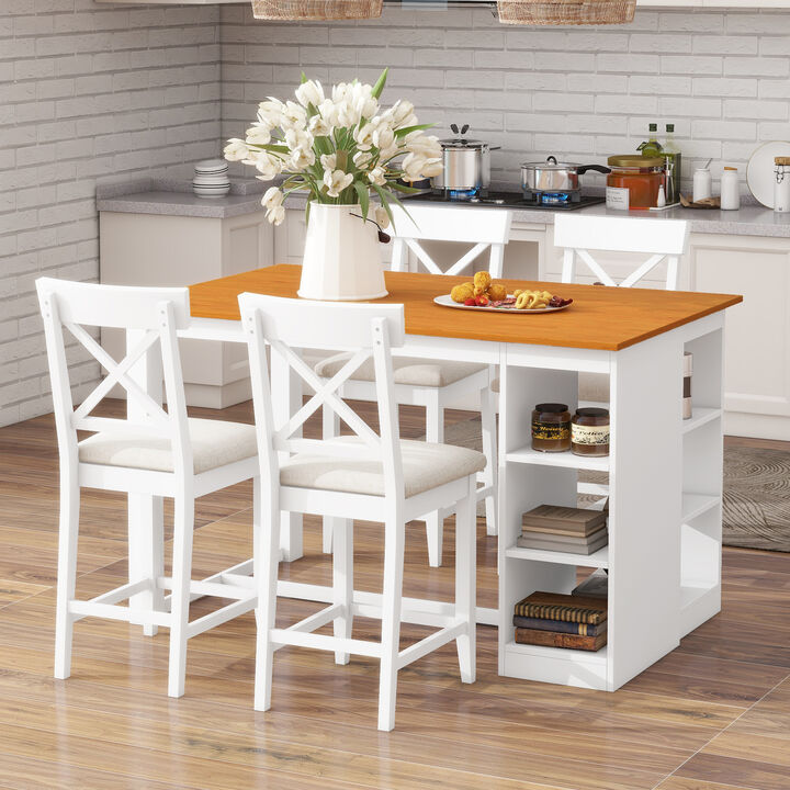 Merax Solid Wood Farmhouse Counter Height Dining Table Set with 3-Tier Storage Shelves