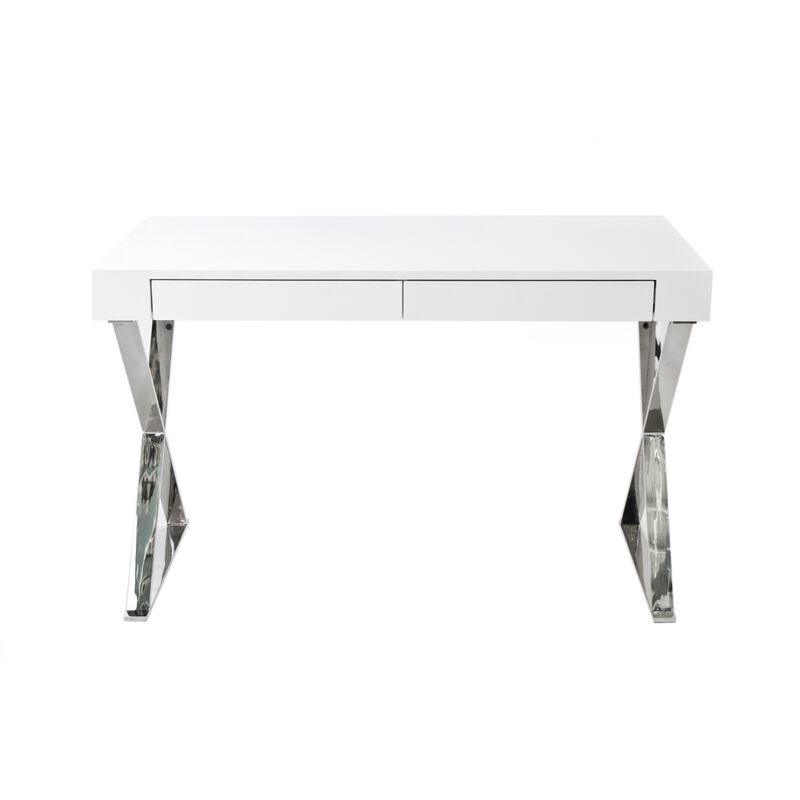 Rix 47 Inch Office Desk, White Wood Top, 2 Drawers, X Polished Steel Legs - Benzara