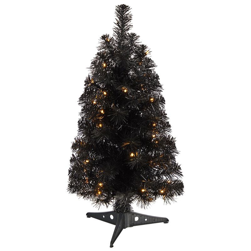 Nearly Natural Black Artificial Christmas Tree with LED Lights and Bendable Branches