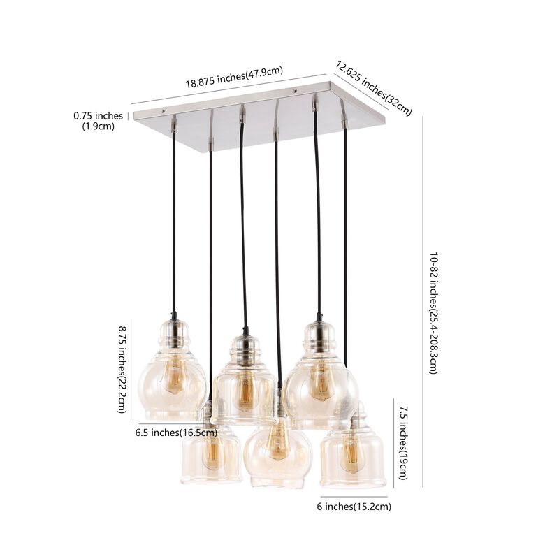 Sydney 18.88" 6-Light Bohemian Farmhouse Iron/Glass Cluster LED Pendant, Nickel/Champagne