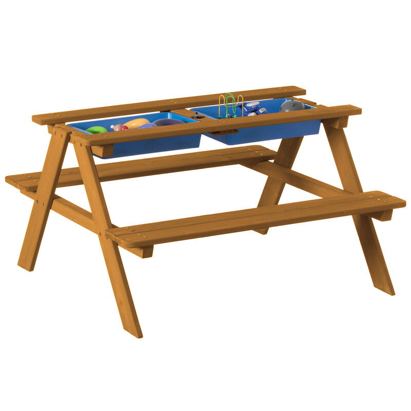 Convertible Wooden Sand and Water Table for your Toddlers Outdoor Playset Featuring 2 Play Box and a Removable Top that Transforms into Kids Picnic Table - Teak Stained