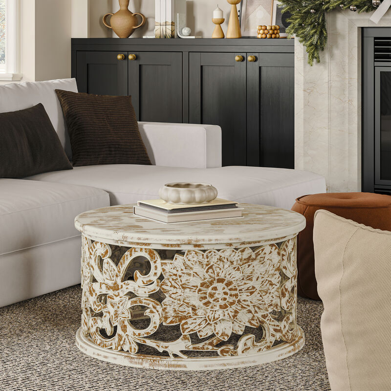 Alina Coffee Table Handcrafted Mango Wood Floral Carved Cut Out Design Distressed White Finish 33 Inch - Benzara