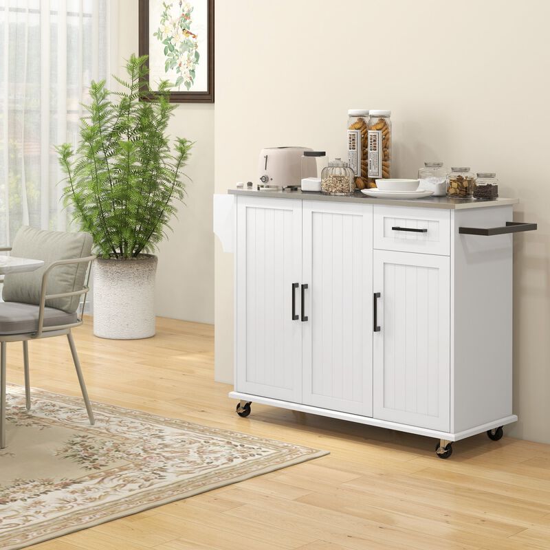 Kitchen Island with Storage, Rolling Kitchen Island on Wheels w/ Drawer, 3 Cabinets, Stainless Steel Countertop, Spice Rack & Towel Rack, White