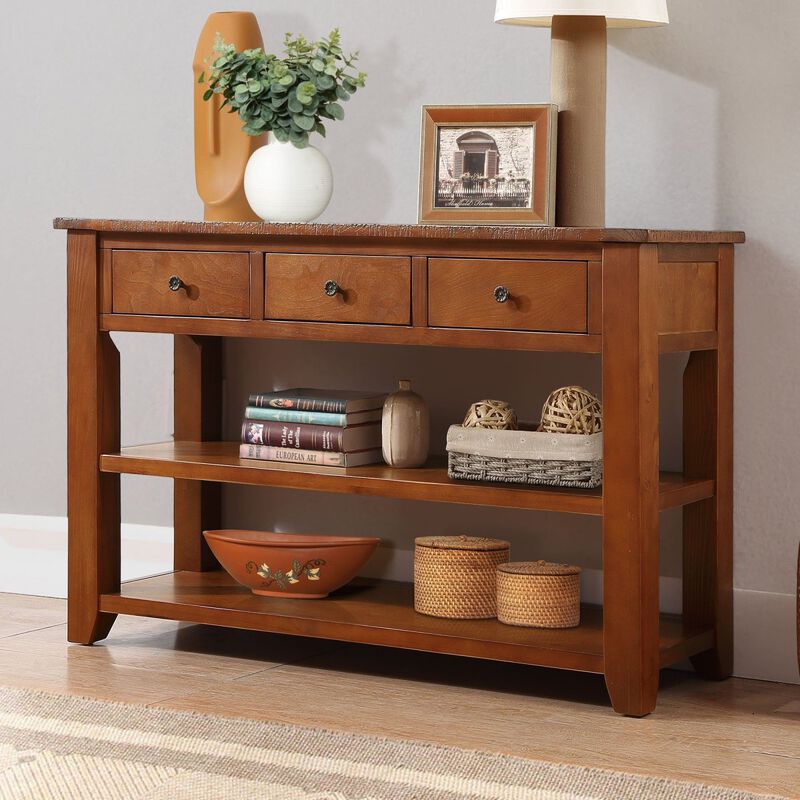 48" Solid Pine Wood Top Console Table, Modern Entryway Sofa Side Table with 3 Storage Drawers and 2 Shelves. Easy to Assemble (Brown)