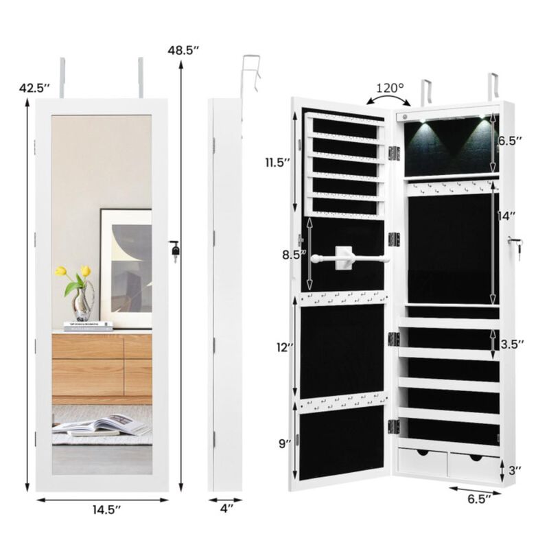 Hivvago Lockable Wall Mount Mirrored Jewelry Cabinet with LED Lights