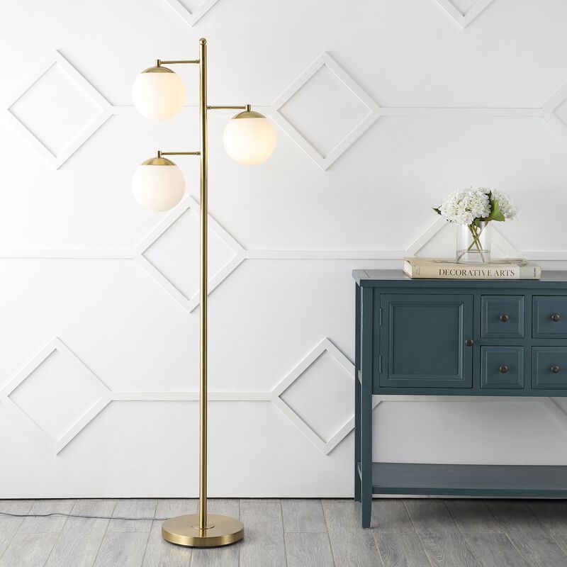 Ellie 66" 3-Light Modern Vintage Iron LED Floor Lamp, Brass Gold/White