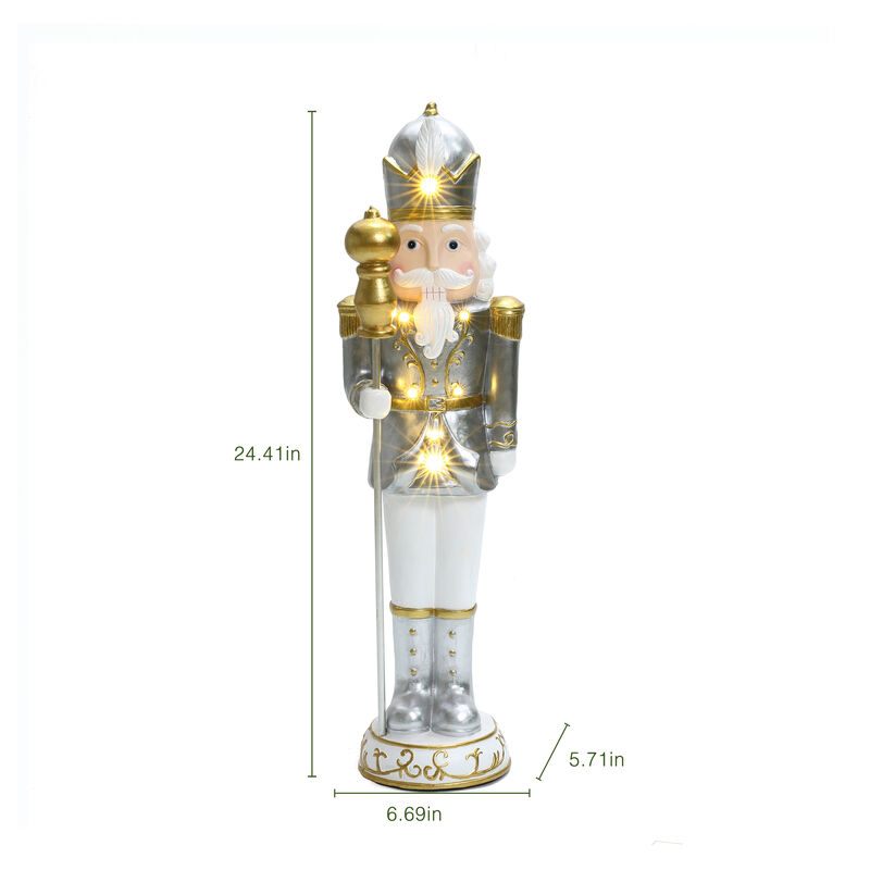 LuxenHome 2Ft Tall Traditional Nutcracker King in White with Lights