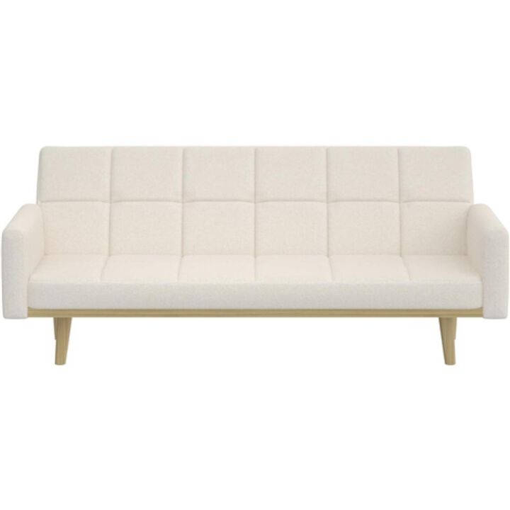 Modern Mid Century Futon Sleeper Sofa Bed in Sherpa Ivory Fabric Upholstery