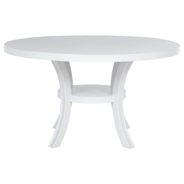 Judy Round Dining Table with Shelf and Flared Legs, White Wood 54 Inch - Benzara