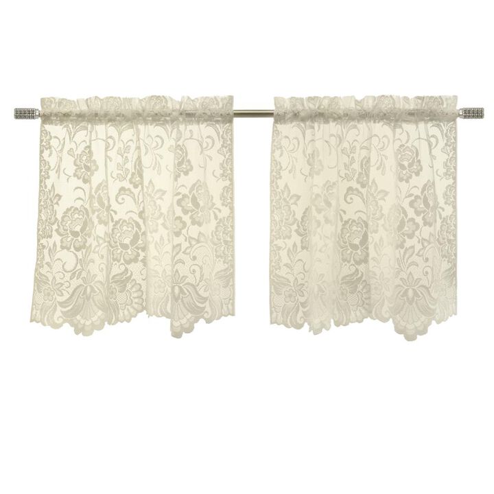 Habitat Limoges Sheer Rod Pocket Curtain Tiers for Any Room Floral Lace Design Soft Selvedge Sides Pair Each 55" x 36" Ivory