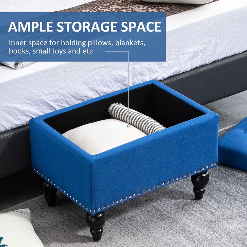 Blue Versatile Seating: 25" Tufted Storage Ottoman with Wood Legs