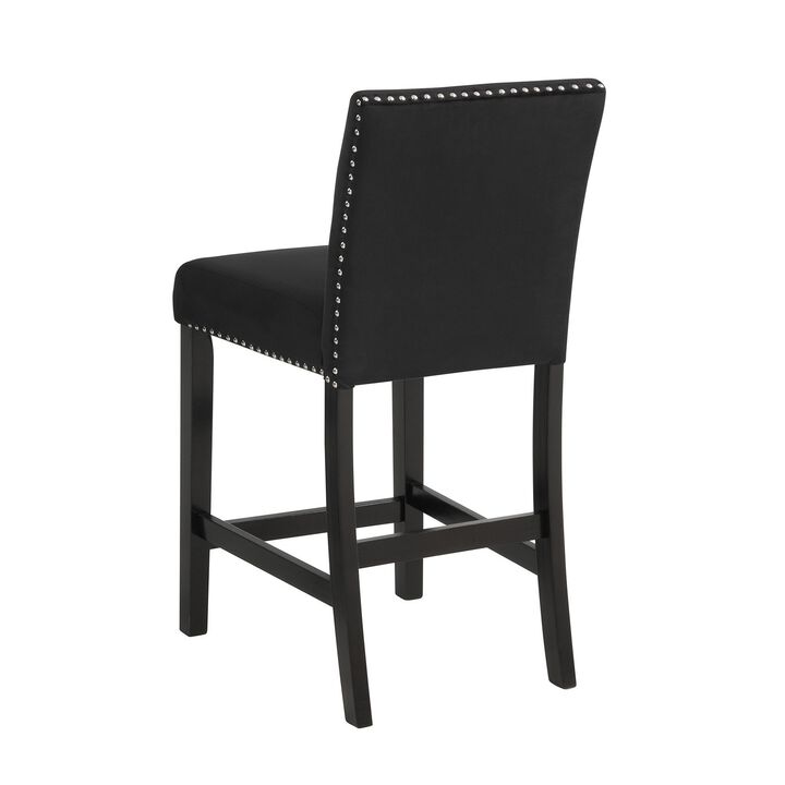 Jordan 24 Inch Counter Side Chair Set of 2, Velvet Upholstery, Wood, Black - Benzara