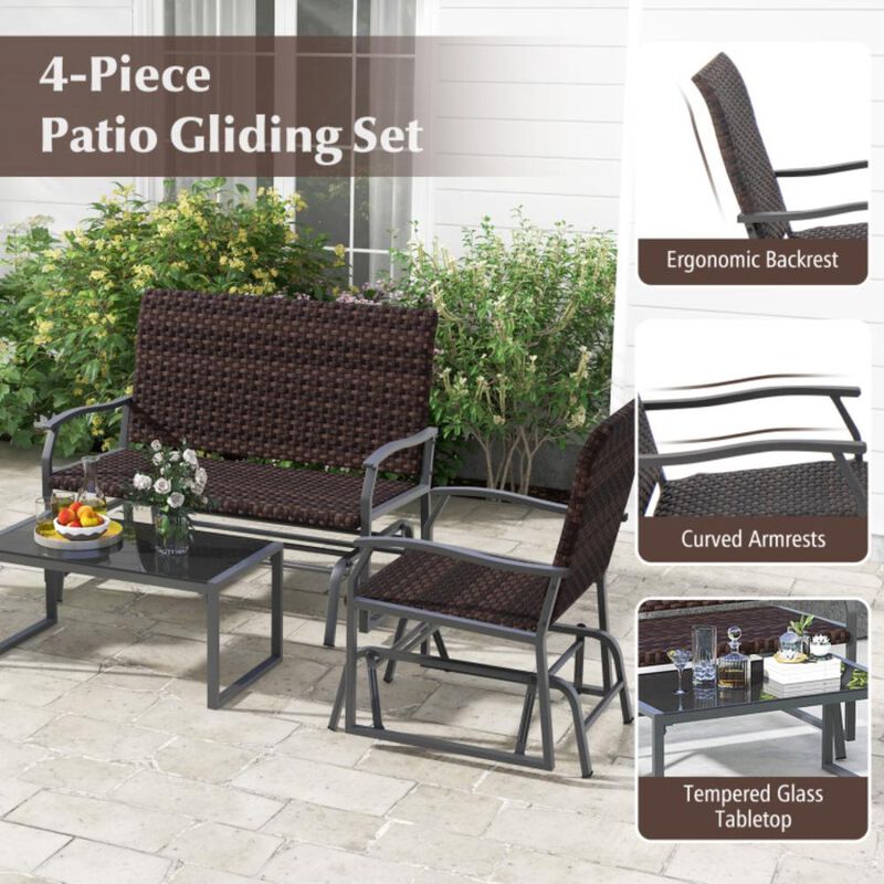 Hivvago 4 Piece Patio Gliding Set Wicker Swing Glider Furniture Set All Weather with Tempered Glass Coffee Table