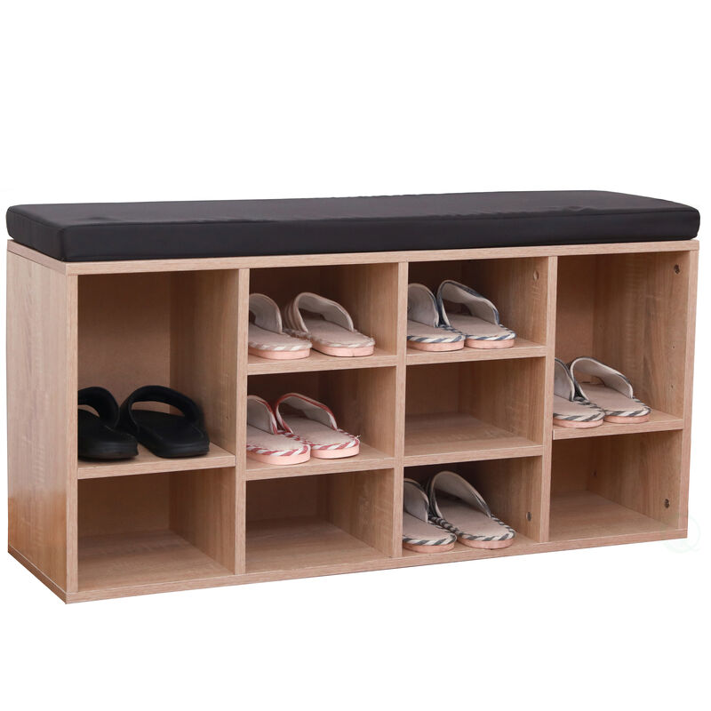 Natural Wooden Shoe Cubicle Storage Entryway Bench with Soft Cushion for Seating