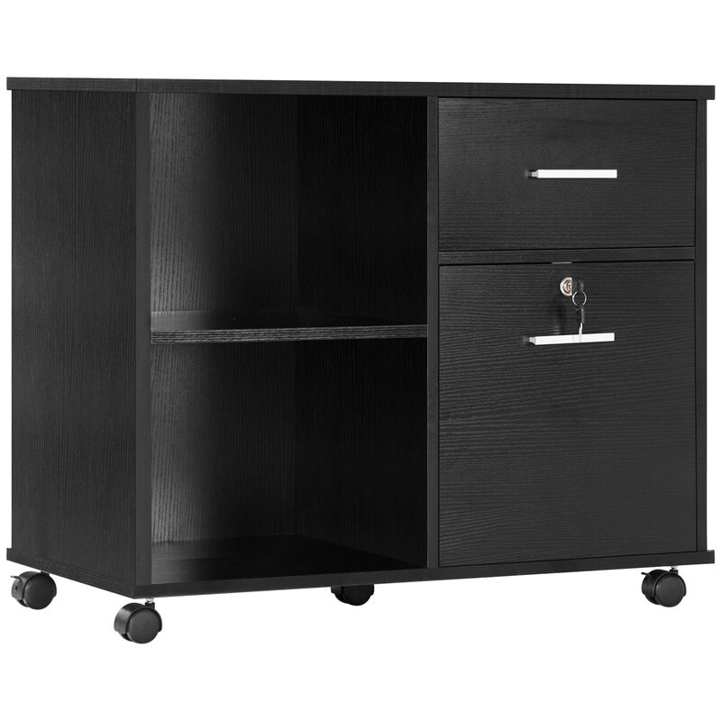 Black Office Organizer: Wheeled Lateral File Cabinet with Shelves