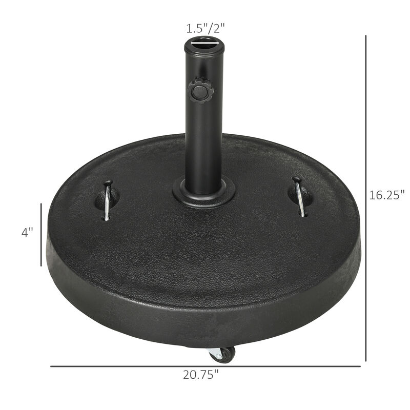 Outsunny 52lbs Resin Patio Umbrella Base with Wheels and Retractable Handles, 20.75" Round Outdoor Umbrella Stand Holder for Parasol Poles 1.5" - 1.9" Dia, Black