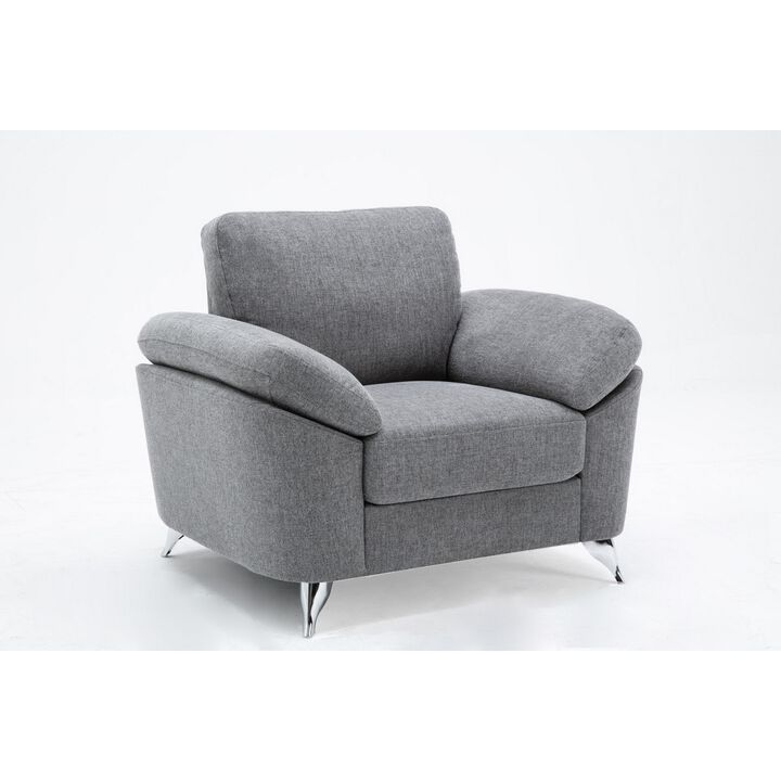 Nel 43 Inch Accent Sofa Chair with Soft Gray Linen, Chrome Legs, Solid Wood - Benzara