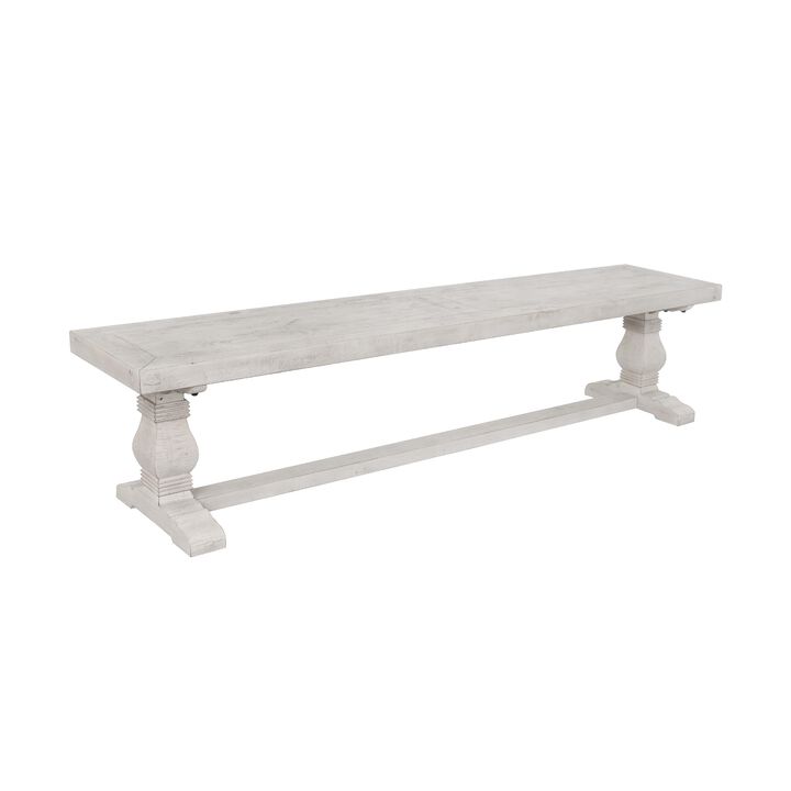 Kai 66 Inch Reclaimed Pine Dining Bench, Turned Pedestals, Antique White-Benzara