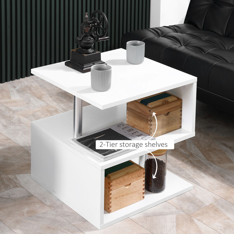 HOMCOM 20" Modern End Table, Accent Side Table, S-Shaped Coffee Table with Storage Shelf and Steel Poles, White