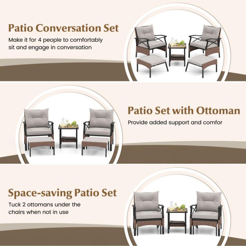 Hivvago 5 Pieces Wicker Patio Furniture Set Ottomans and Cushions and 2-Tier Tempered Glass Side Table