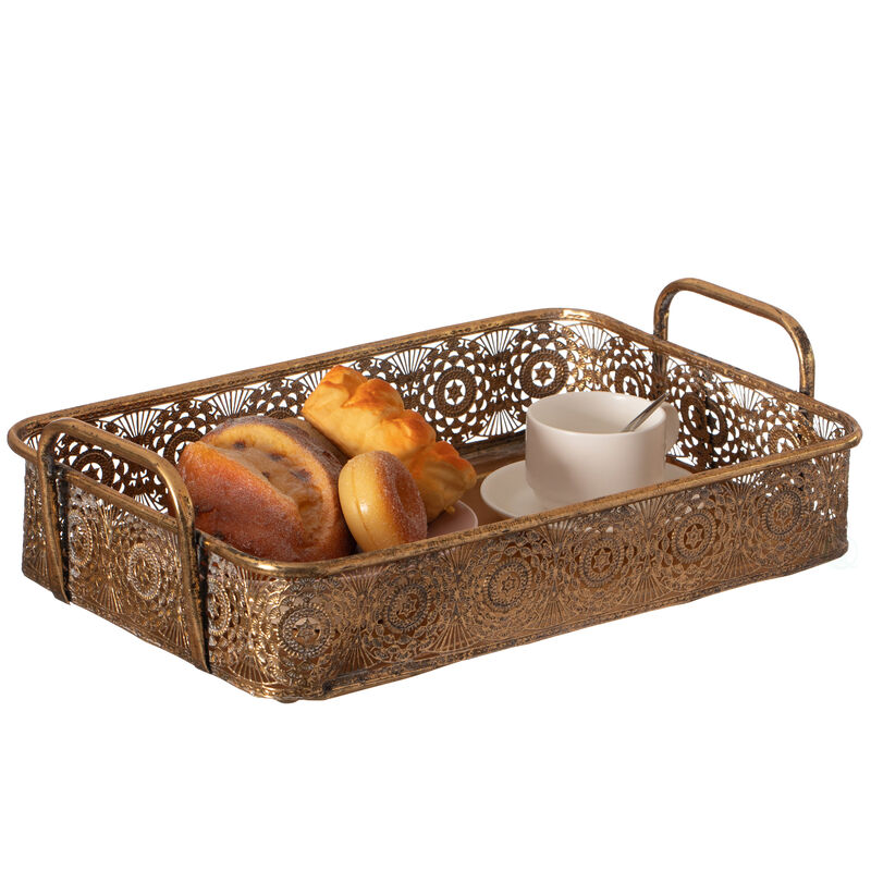 Metal Gold Rectangular Serving Tray with Oval Design and Handles, Medium