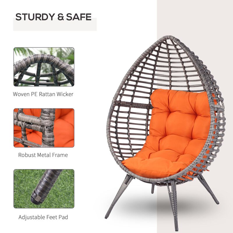PE Rattan Egg Cuddle Chair with Soft Cushion, Height Adjustable Knob for Backyard, Living Room, Orange Teardrop Wicker Lounge Chair