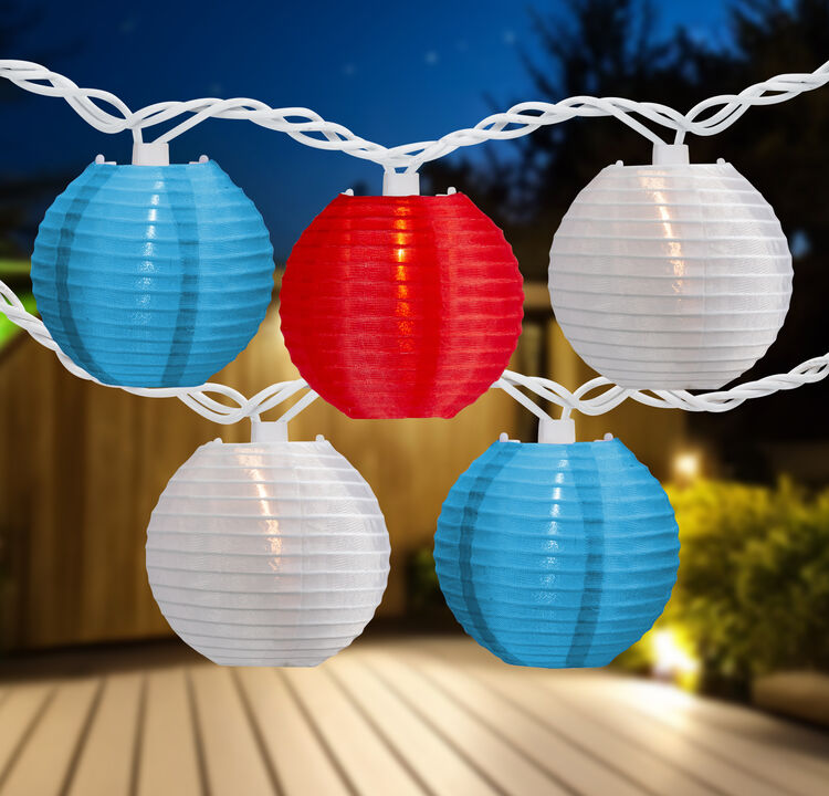 Patriotic Paper Lantern Patio Light Set - Red  White and Blue - 8.5' White Wire - 10ct