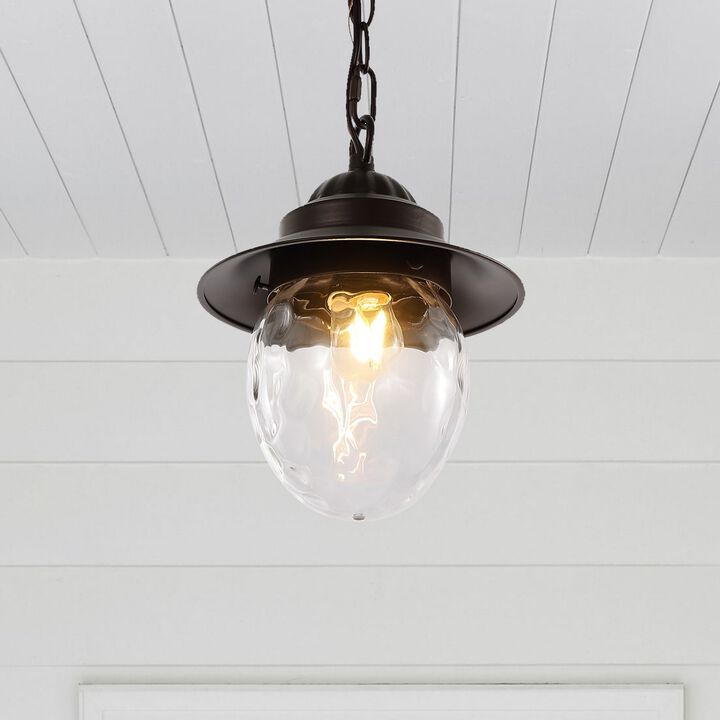 Manteo 8.25" 1-Light Farmhouse Industrial Iron/Glass Outdoor LED Pendant, Oil Rubbed Bronze/Clear