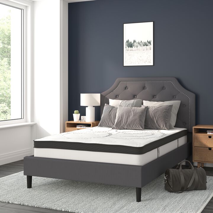 Brighton Full Size Tufted Upholstered Platform Bed in Dark Gray Fabric with 10 Inch CertiPUR-US Certified Pocket Spring Mattress