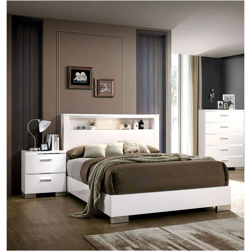 Contemporary 1pc Nightstand White Color High Gloss Lacquer Coating Chrome Handles and Feet Bedside Table USB Charger