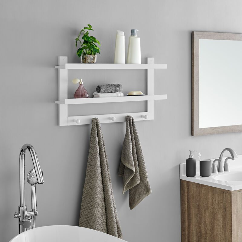 Two-Tier Ledge Shelf Wall Organizer with Five Hanging Hooks